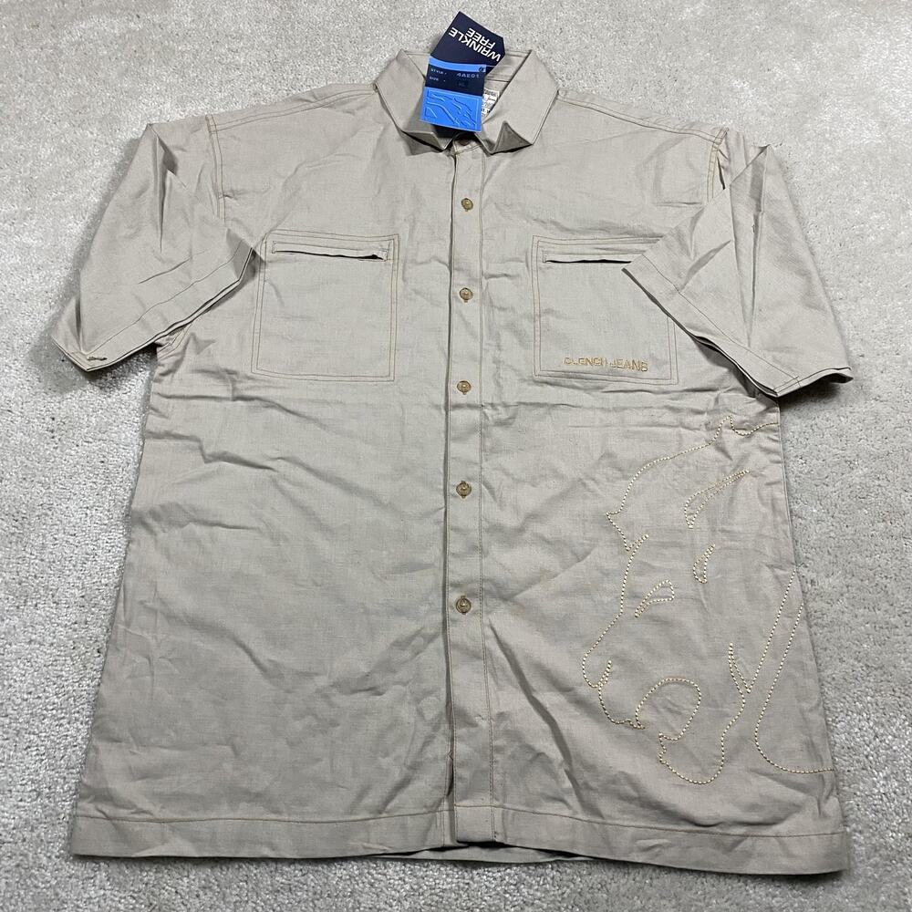 Clench Jeans Shirt Mens XL Beige Short Sleeve Linen Lion Summer Lightweight